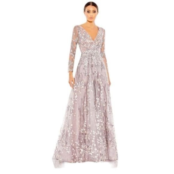 Mac Duggal Dress 20402 Floral Embroidered Long Sleeve Mesh Gown - Picture 1 of 16